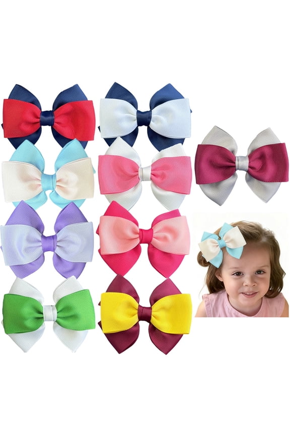 9 Pcs 3.5in 2-Tone Red Navy Ribbed Satin Alligator Clip Hair Bows For Toddler Girls Daily Party Wear