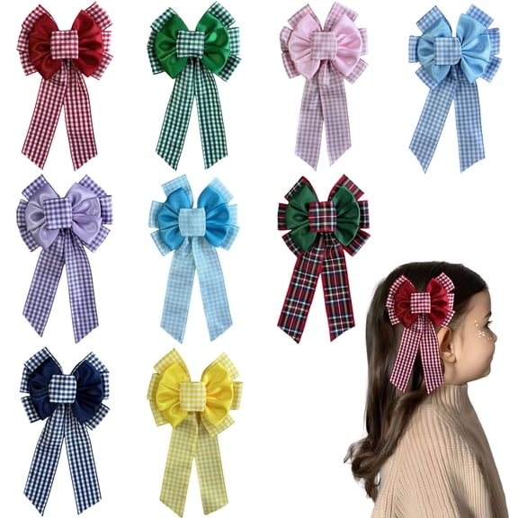 JoyBowie 9pcs 7in Gingham-Print Hair Bows Multi-Color Ribbon Clips