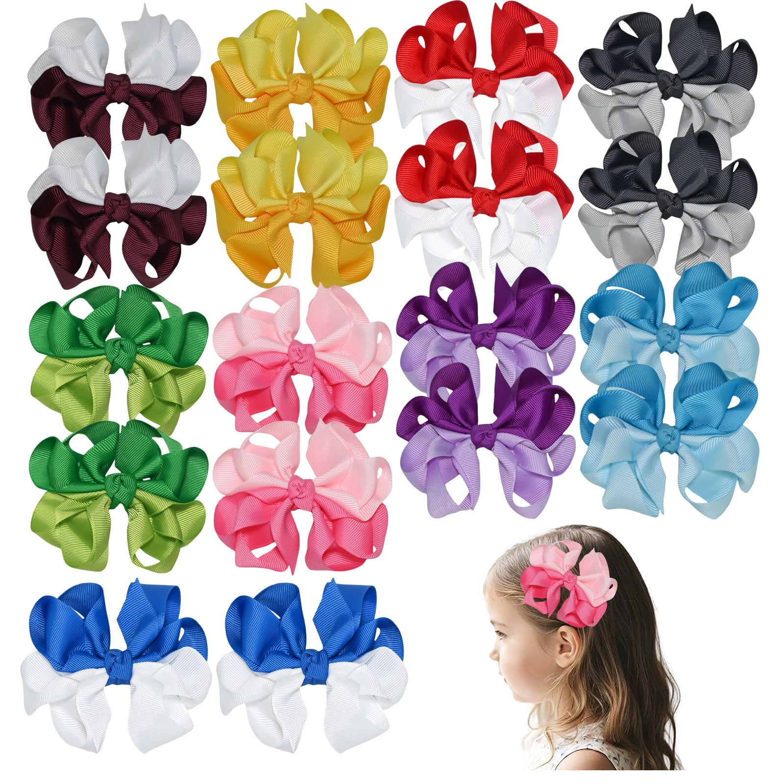 Grogram Ribbon JoyBowie Girls Two-Tone Flower Hair Bow Clips, 18 pcs, Textured ...