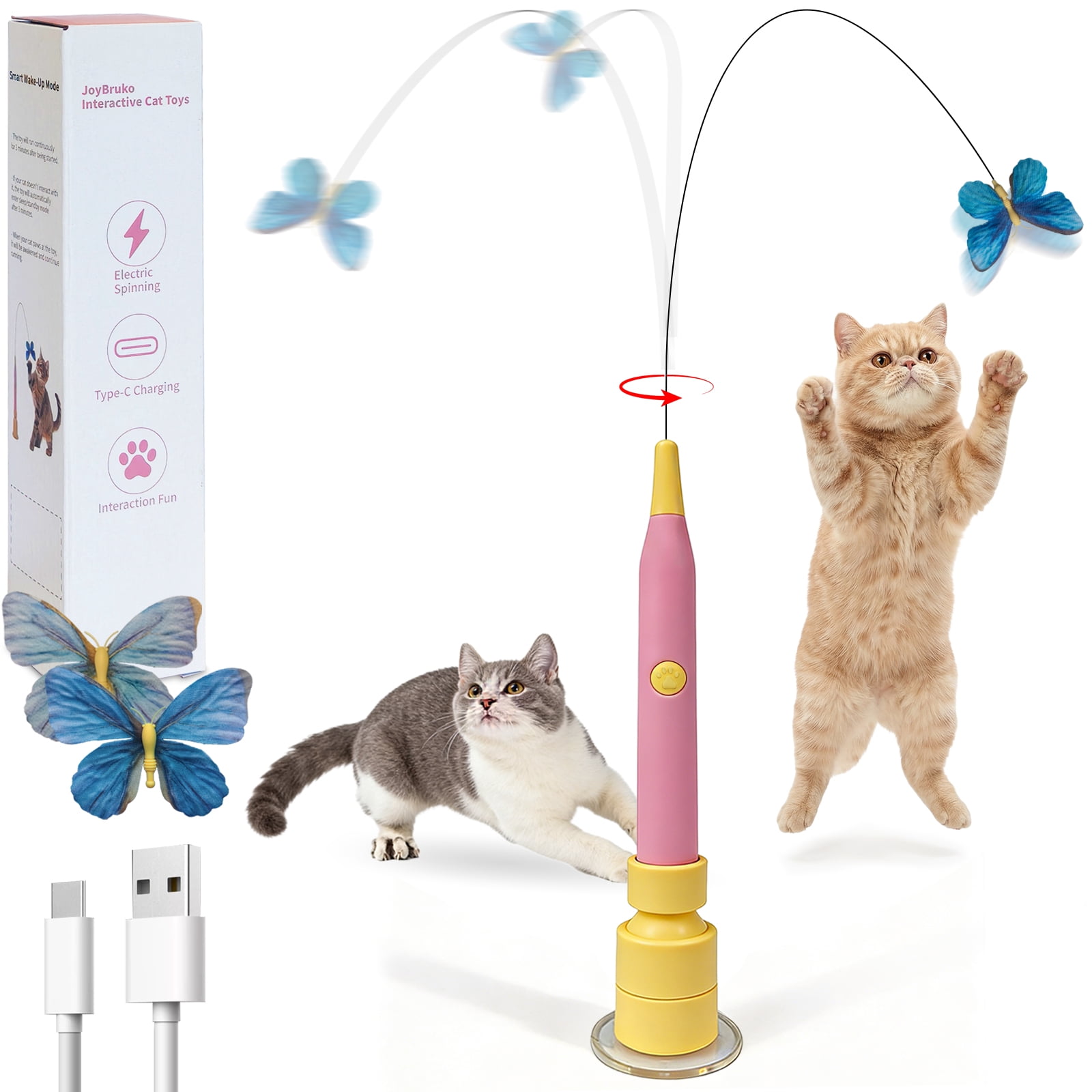 JoyBruko Interactive Cat Toys for Indoor Cats, Automatic Cat Wand Toy Enrichment for Bored Kitten, Spin Butterfly with Self-Holding Suction Base, Rechargeable Electric Moving Feather Stimulating Toy