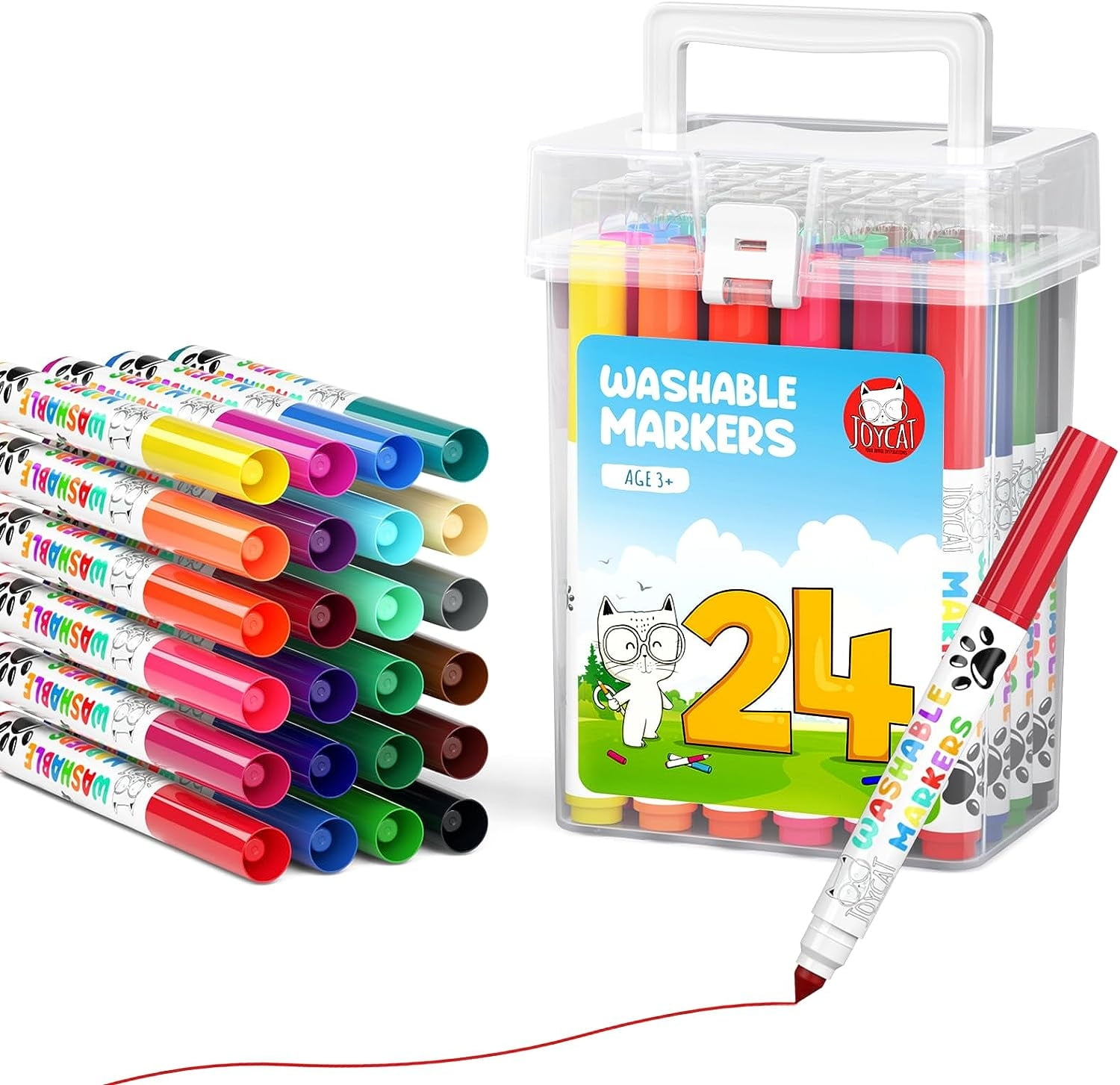 JoyCat 24 Count Washable Markers for Kids,24 Colors Washable Markers Set with Carrying and Storage Case,Coloring Marker Bulk for Boys Girls,School
