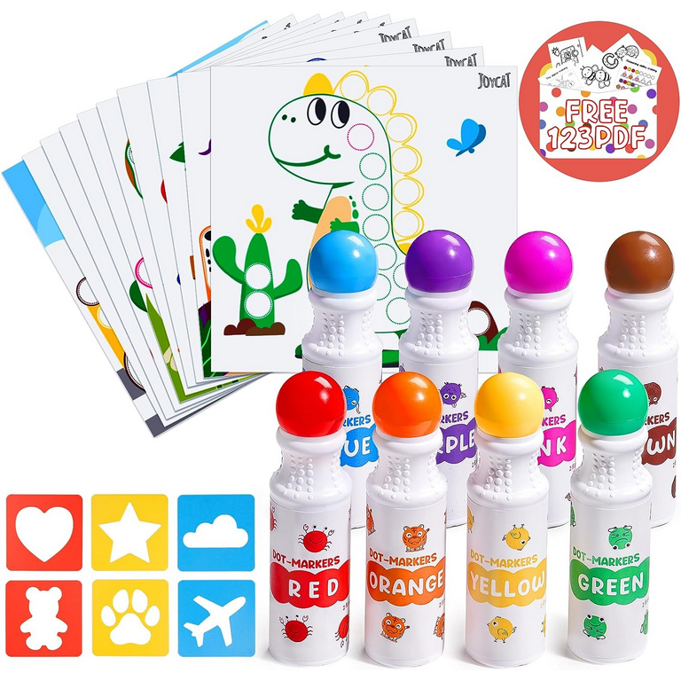 JoyCat Washable Dot Markers for Kids,8 Colors 2 fl.oz Non Toxic Dot Paint  Markers with 10 Coloring Activity Paper & 6 Stencils, Bingo Daubers Markers  for Toddler Arts and Crafts Kits Supplies 