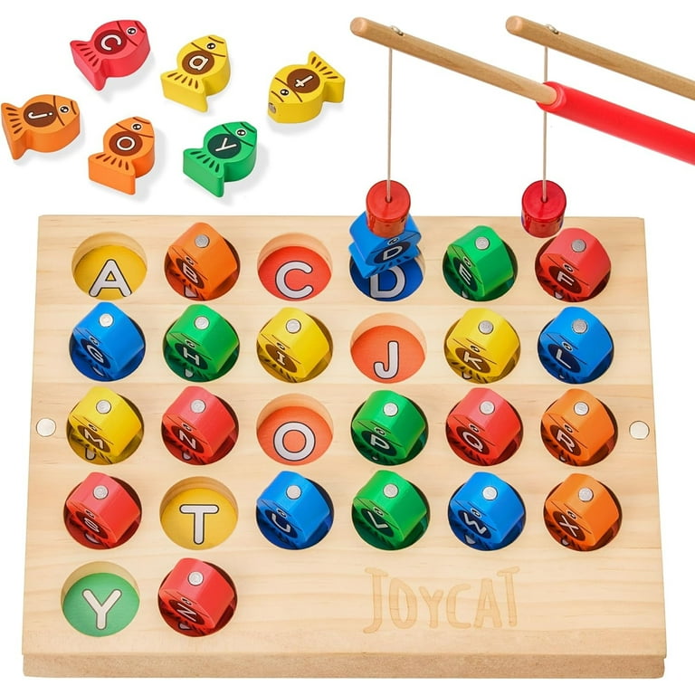 JoyCat Wooden Magnetic Fishing Game,ABC Alphabet Color Sorting Puzzle,  Montessori Letters Cognition Phonic Games for Toddlers Kids Learning Toy  Travel