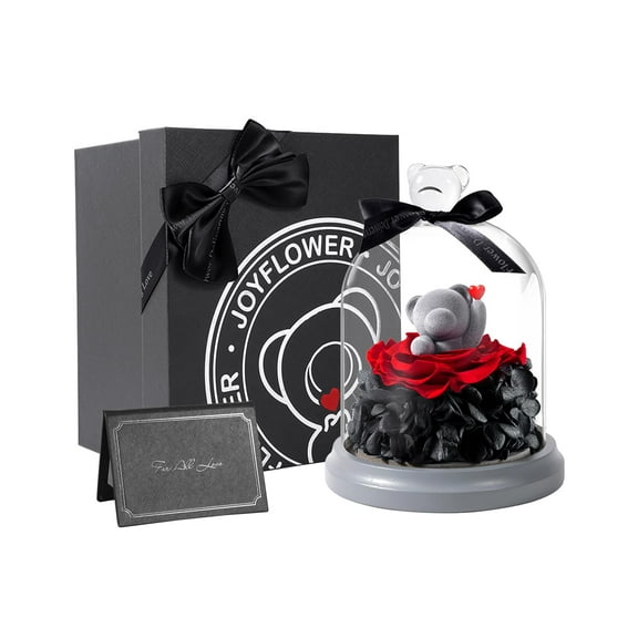 JoyFlower Preserved Flowers with Teddy Bear in Glass Eternal Rose Gifts for Girlfriend, Preserved Rose Bear with Gift Box for Wife Mom Her on Birthday, Valentine's Day, Mother's Day, Anniversary A101