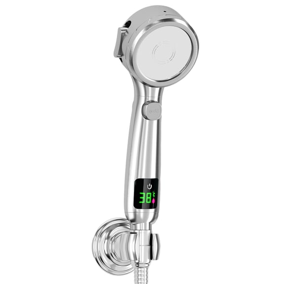 JoyHoop Digital Display Shower Head with 4 Modes and One-Touch Water Stop, High Pressure ABS Shower Nozzle for Home Bath, Silver
