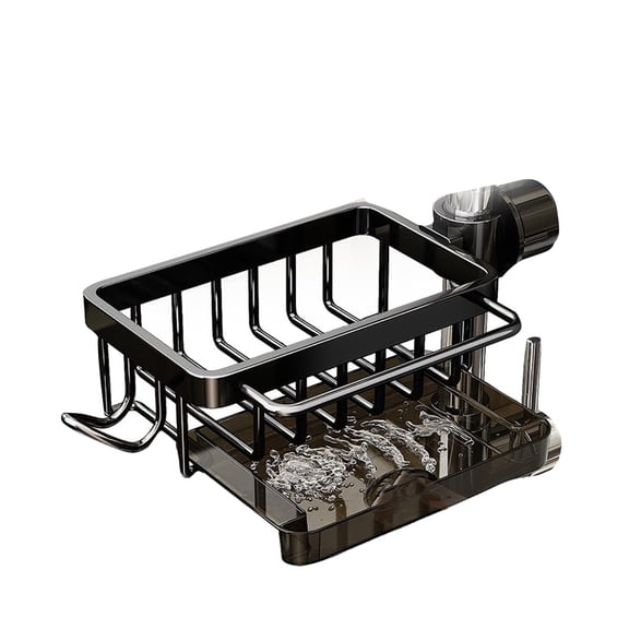 JoyHoop Faucet Storage Rack with Hooks, Space-Saving Sink Organizer for Kitchen and Bathroom, Black, 10.24 x 5.51 x 3.94 Inches