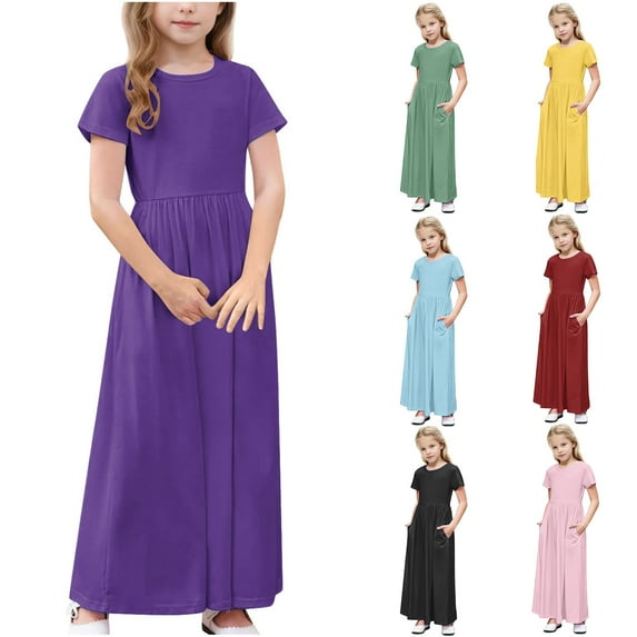 JoyHoop Girl Maxi Dress Floral Short Sleeve Dresses with Pockets for Girls 4-14 Years