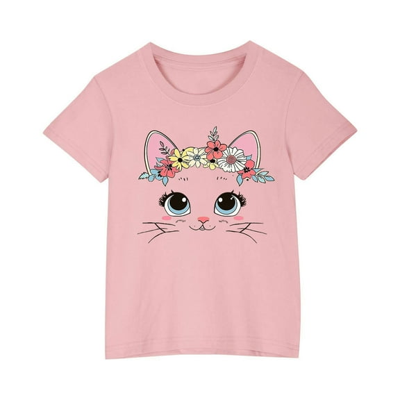 JoyHoop Girl's Cute Cat Graphic Tees Print Short Sleeve T Shirts Summer Tops