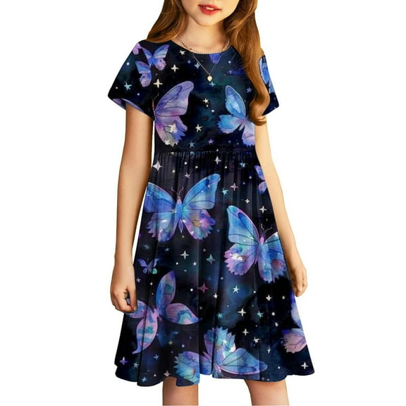 JoyHoop Girls Dress Basic Short Sleeve A Line Swing Skater Twirl School Party Dress