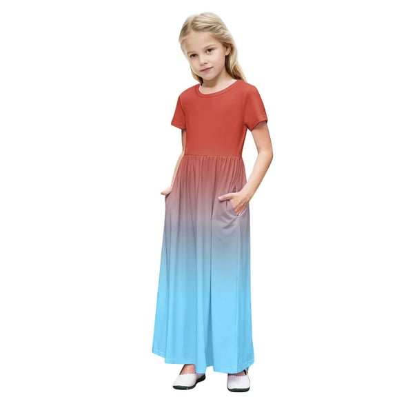 JoyHoop Girls Dress Short Sleeve Floor Length A Line Swing Maxi Dress with Pockets 5-14 Years