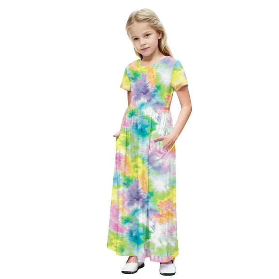 JoyHoop Girls Floral Maxi Dress, Flower Printed Short Sleeves Dress with Pockets Summer Long Holiday Dress
