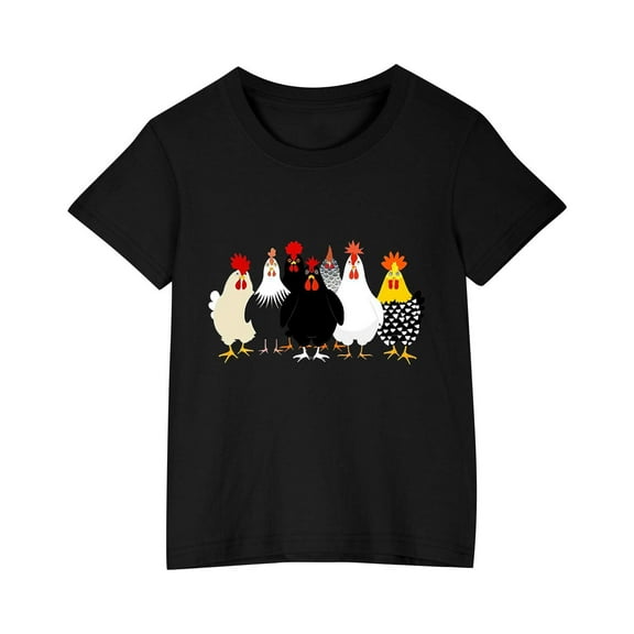 JoyHoop Girls Letter Print Short Sleeves Casual Tops Chicken Graphic T-Shirt