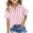 thumbnail image 1 of JoyHoop Girls Striped Print Cotton Linen Tops Summer Turn Down Collar Short Sleeve Button Blouse Shirts 2025 Summer Button Cardigan, 1 of 7