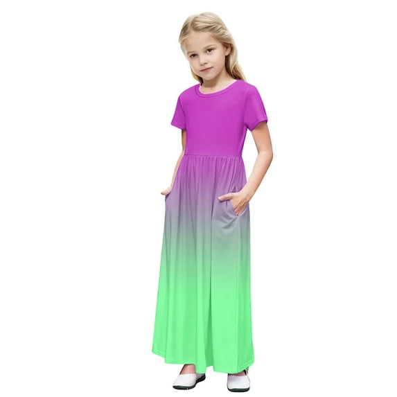 JoyHoop Girls Summer Short Sleeve Crew Neck Loose Casual Flowy Maxi Dress with Pockets