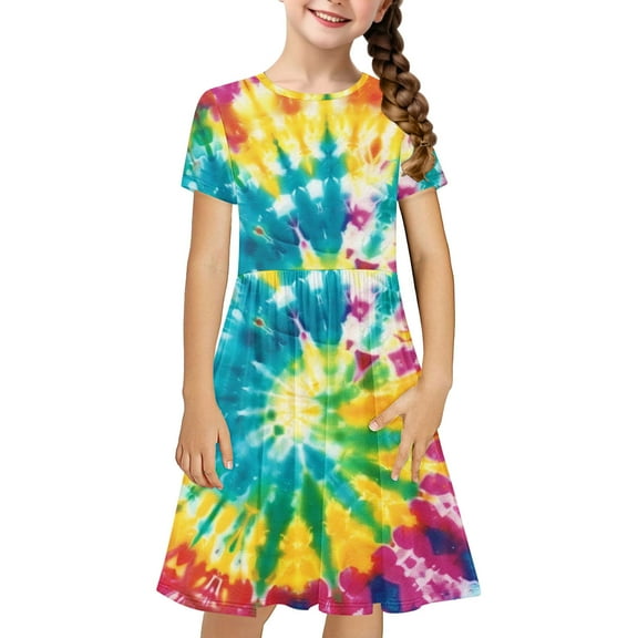 JoyHoop Girls Tie Dye Dress Clothes Kids Short Sleeve School Twirly Skater Dress Size 4-14 Years