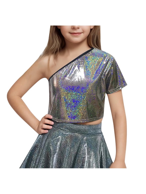 Kids Girls One-Shoulder Sequins Dance Crop Tops Jazz Hip Hop Stage Performance Tank Vest Dancewear
