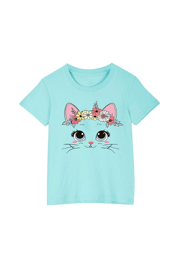 JoyHoop Kids T Shirt Flower Cat Graphic Shirt Summer Girls Floral Tops White Short Sleeve Wild Tee Cute Animal Cartoon Cat T-Shirt