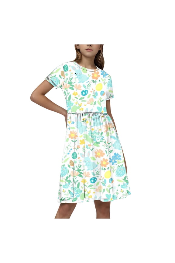 Little Girl Short Sleeve Dress Easter Cotton Casual Applique Tunic Shirt Dresses