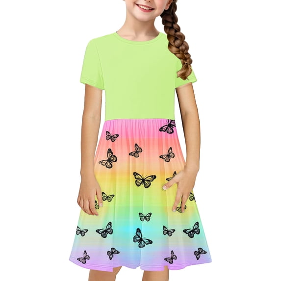 JoyHoop Little Girls Casual Cotton Dress Cartoon Print Short Sleeve Summer T-Shirt Skirt Dresses