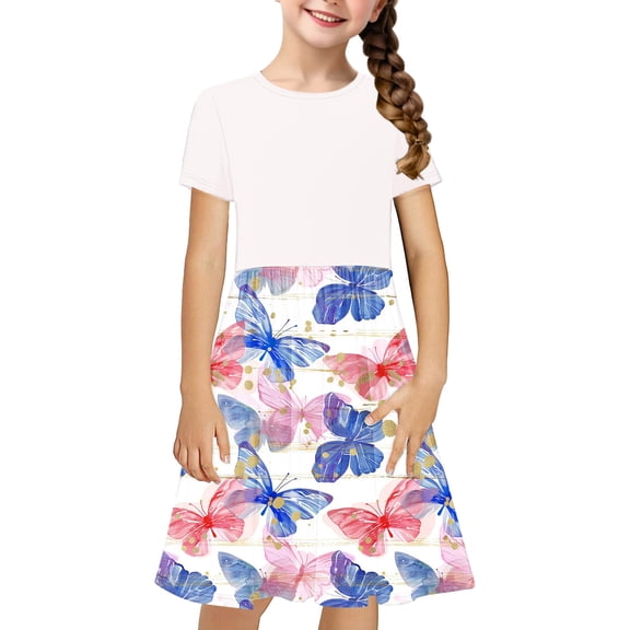 JoyHoop Little Girls Casual Cotton Dress Cartoon Print Short Sleeve Summer T-Shirt Skirt Dresses