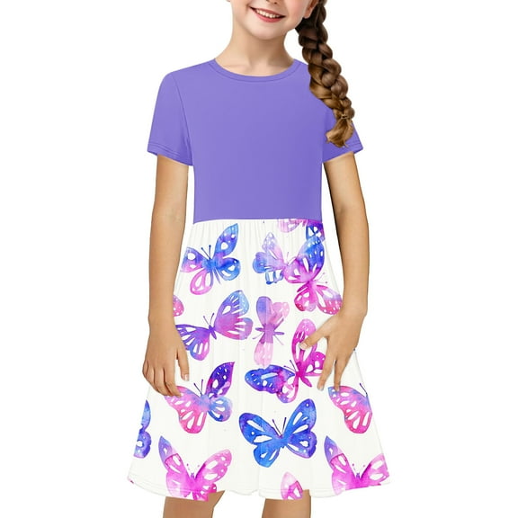 JoyHoop Little Girls Cotton Dresses Flutter Short Sleeve Summer Dress for 4-14 Years Old