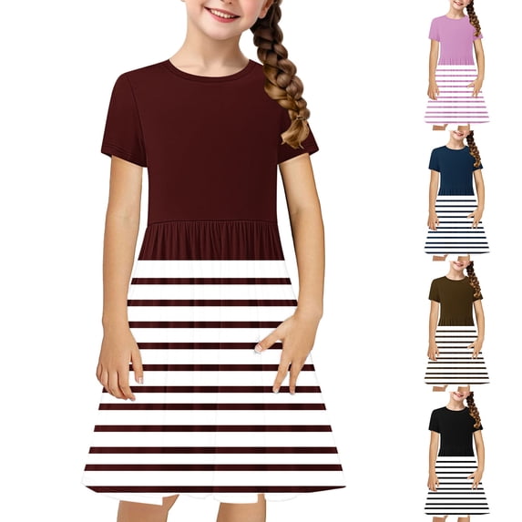JoyHoop Toddler Girls Cotton Casual Dress Cartoon Print Short Sleeve Dress Girls Summer Sundress