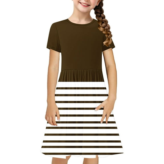 JoyHoop Toddler Girls Cotton Casual Dress Cartoon Print Short Sleeve Dress Girls Summer Sundress