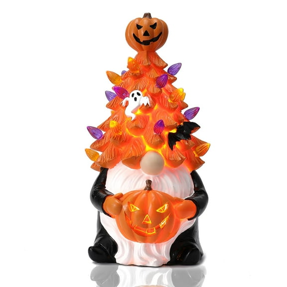 JoyHue 10IN Orange Resin Gnome Figurine Lights Battery Operated Light Up Table Decor