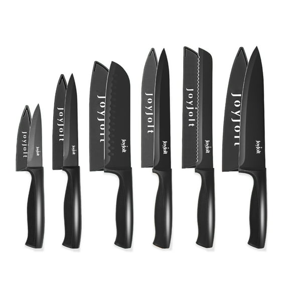 JoyJolt 12 Piece Kitchen Knives Set - 6 Stainless Steel Kitchen Knife Set with Blade Guards - Chef Knife, Bread Knife, Slicer Knife, Santoku Knife, Utility Knife, Paring Knife - Black