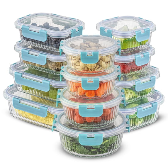 JoyJolt 24-Piece Fluted Food Storage Container Set with Lids - Blue