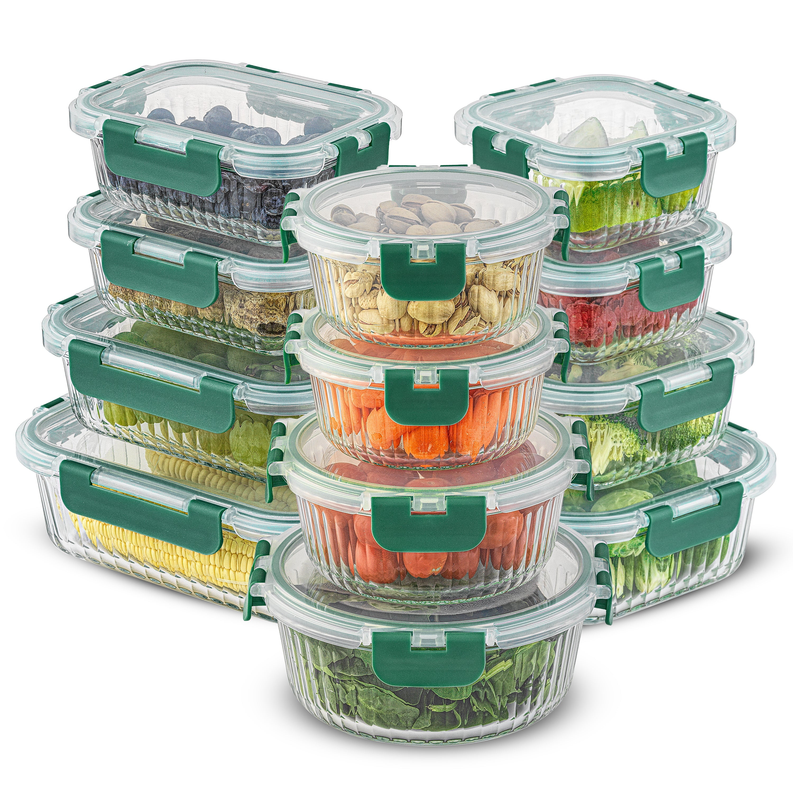 JoyJolt 24-Piece Green Fluted Glass Food Storage Container Set
