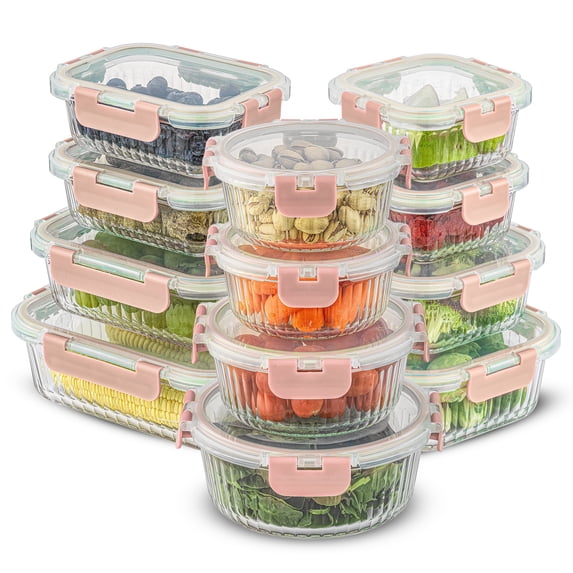 JoyJolt 24-Piece Fluted Food Storage Container Set with Lids - Pink