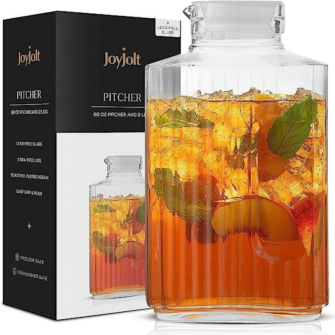JoyJolt 68oz Glass Pitcher with 2 Lids Fridge & Dishwasher Safe