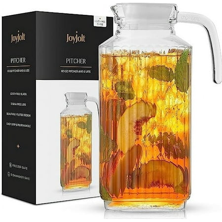 JoyJolt Beverage Dispenser Glass Pitcher with Handle & 2 Lids - 60 oz