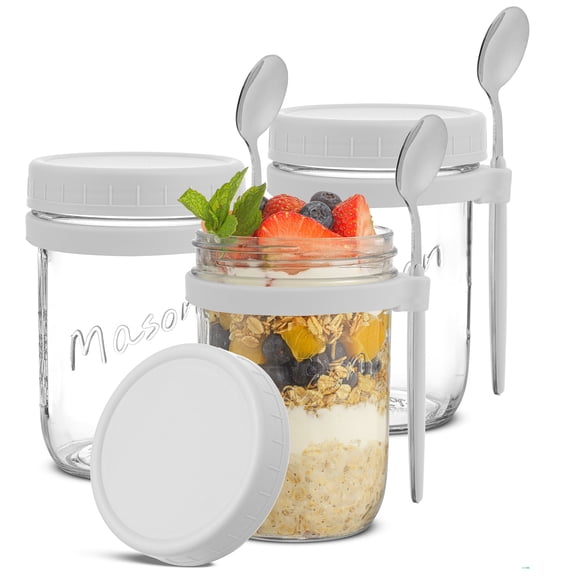 Brightware Dawn Overnight Oats Jars with White Lids and Spoons – 16 oz – Set of 3