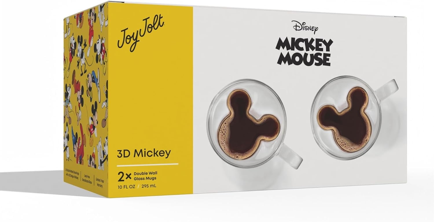 JoyJolt Disney Mickey Mouse 3D Espresso Cups - Set of 2 - 5.4 oz Double-Wall Insulated Glass Mugs
