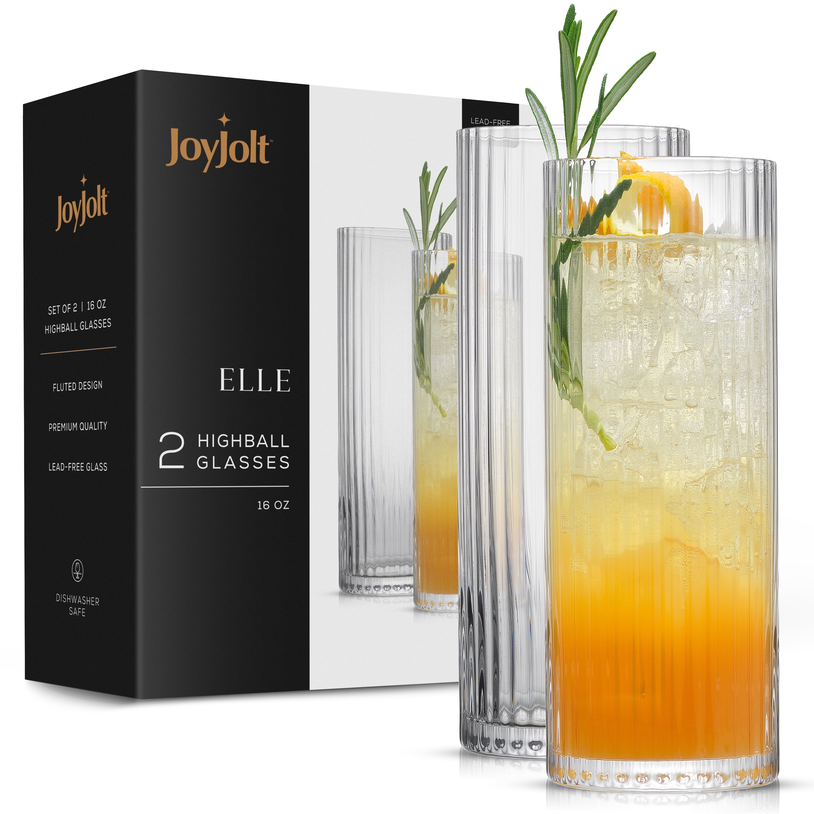 JoyJolt Elle Fluted Clear Glass Highball Set, 16oz