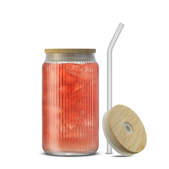 Fluted Can Glass w/ Bamboo Lids & Straws - set of 4, 16oz
