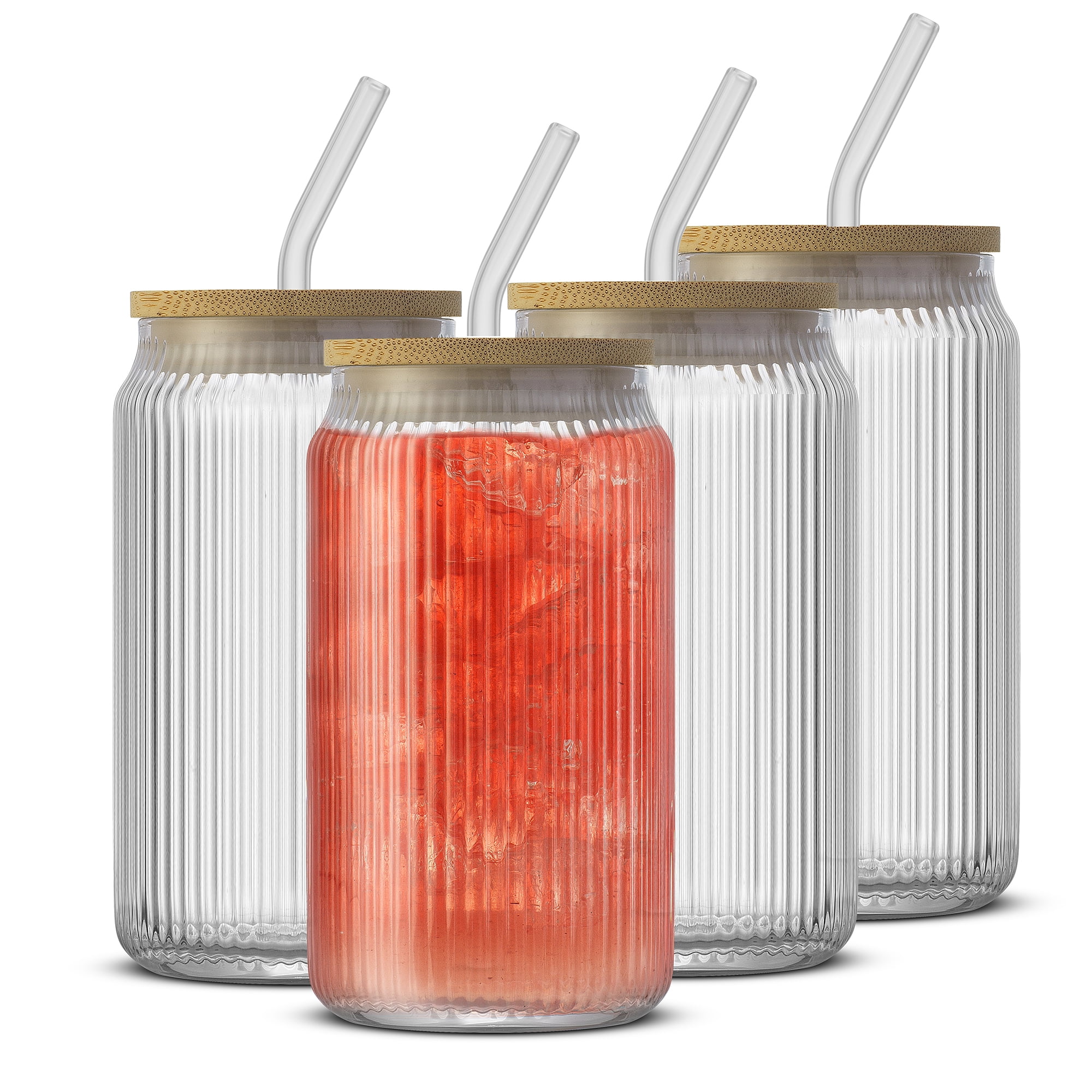 JoyJolt Fluted Can Glass with Lid and Straw, Set of 4