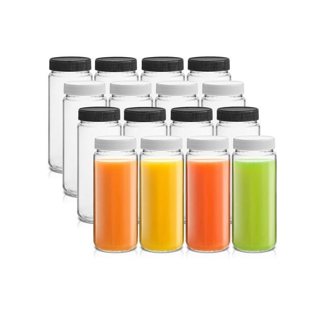 JoyJolt Small Reusable Glass Juice Bottles, Set of 16 with Lids, 16oz