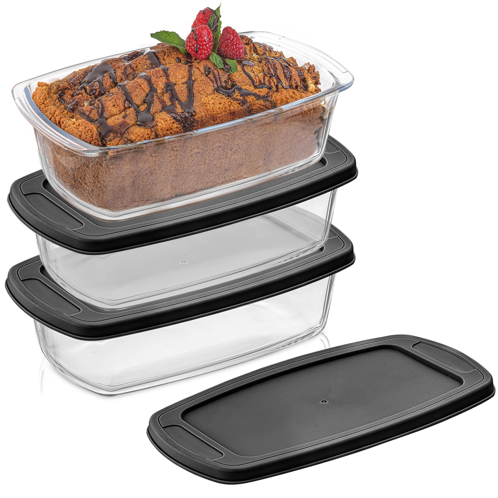 JoyJolt 3-Piece Glass Loaf Pans with Black Lids
