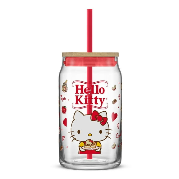 JoyJolt Hello Kitty and Friends Favorite Flavor Glass Tumbler with Bamboo Lid and Straw Red