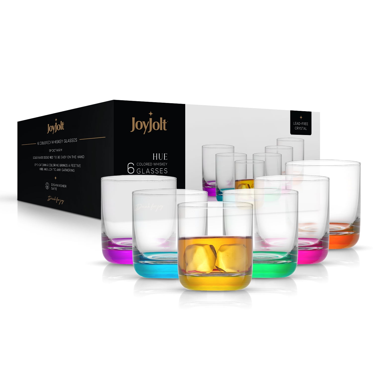 JoyJolt Hue Multi-Colored Glass Whiskey Tumblers, 10oz Set of 6