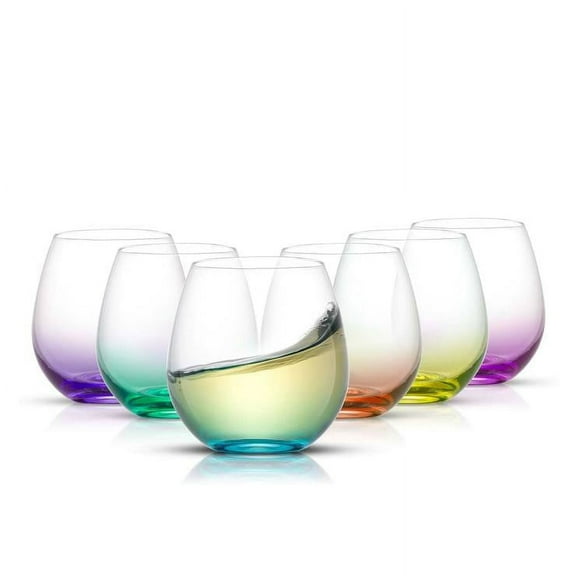 JoyJolt Hue Colored Stemless Wine Glass Set - Large 15 oz Glass Stemless Wine Glasses Set of 6