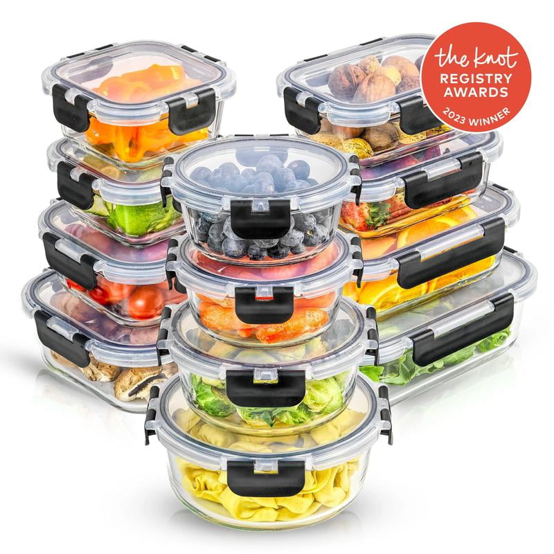 JoyFul 24-Piece Clear and Black Glass Meal Prep Containers Set