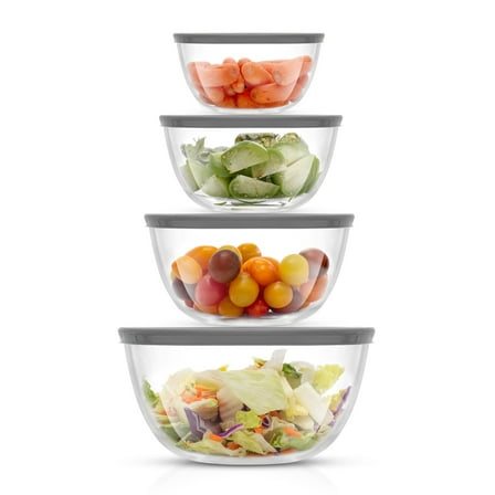 JoyJolt JoyFul by  Set of 4 Glass Mixing Bowls With Lids - 16.5 oz, 33.5 oz, 50.5oz, 67.5oz Grey