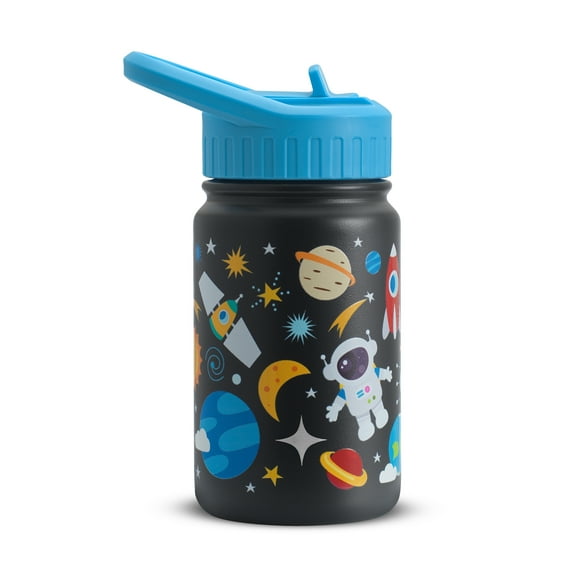 JoyJolt Kids Water Bottle with Straw Lid, 12oz Stainless Steel Reusable Tumbler for Toddlers, Girls, Boys, or Teen, Vacuum Insulated Water Bottle for School, Travel, and Outdoors, Leakproof, Black
