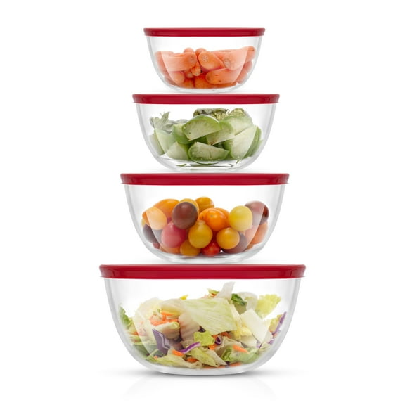 JoyJolt Kitchen Mixing Bowls - 8pc Glass Bowls with Lids Set – Neat Nesting Bowls in 4 Sizes - Red