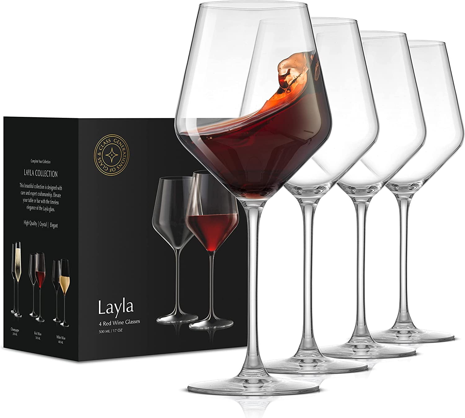 Layla 17 oz Clear Crystal Red Wine Glasses Set of 4