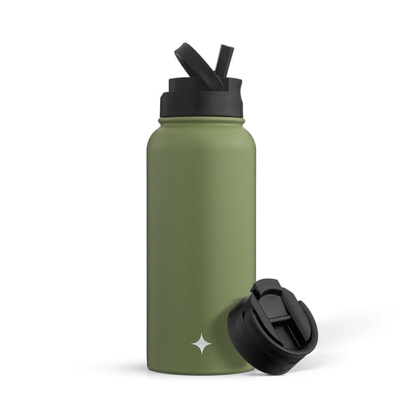 JoyJolt Vacuum Insulated Water Bottle with Flip Lid & Sport Straw Lid - 32 oz - Green